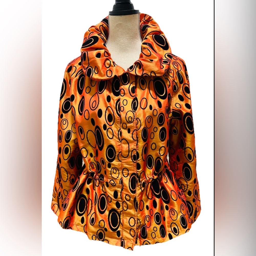 UBU Moire Orange Black Jacket Coat Cinched Waist High Collar Artsy Unique M